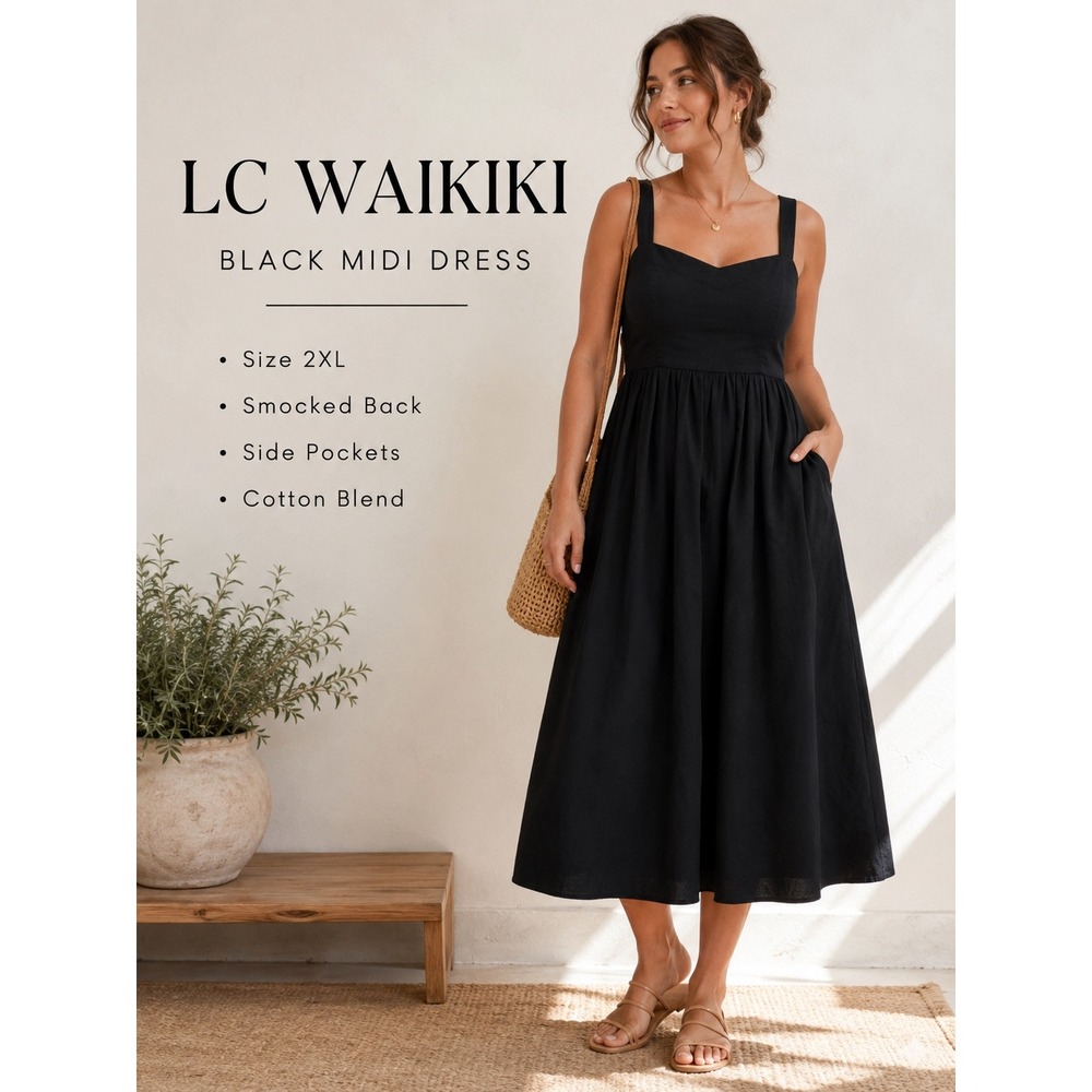 LC Waikiki Black Midi Dress 2XL Smocked Fit Flare 90s Minimalist Sundress